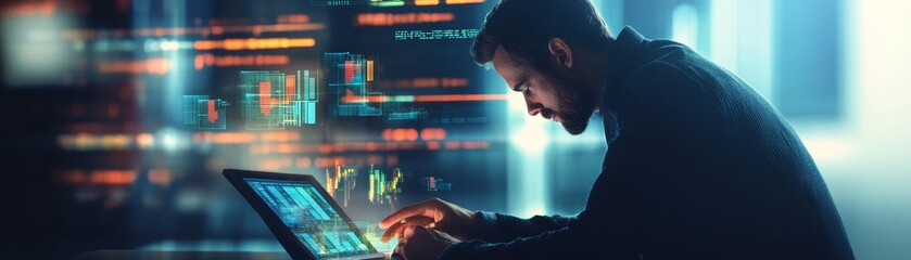 Aufkleber - A detailed composition of a businessperson analyzing a complex financial report on a digital tablet with virtual data visualizations hovering around them