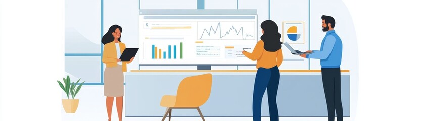 Aufkleber - An office scene with a financial advisor presenting a diverse investment portfolio to a couple in a bright, modern setting with financial charts in the background