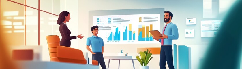 Aufkleber - An office scene with a financial advisor presenting a diverse investment portfolio to a couple in a bright, modern setting with financial charts in the background