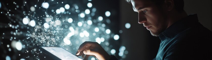 Aufkleber - A detailed composition of a businessperson analyzing a complex financial report on a digital tablet with virtual data visualizations hovering around them