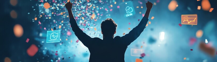 Poster - An energetic visual of a young entrepreneur celebrating financial success amidst a shower of confetti and digital icons of profit and growth surrounding them