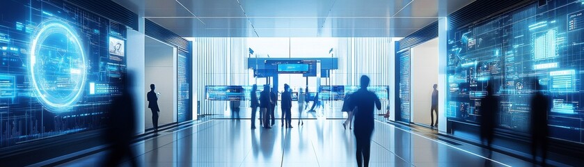 Aufkleber - A futuristic bank lobby with customers interacting with holographic screens and AI assistants for efficient banking and financial management services