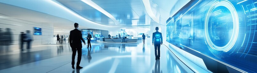 Aufkleber - A futuristic bank lobby with customers interacting with holographic screens and AI assistants for efficient banking and financial management services