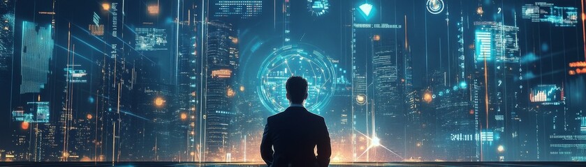 Aufkleber - An innovative visual of a financial analyst deep in thought surrounded by floating digital data points, charts, and graphs representing analytical processes
