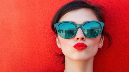 Wall Mural - young woman with sunglasses red backdrop