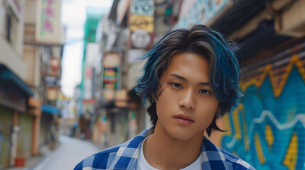 Wall Mural - Asian teenager with blue ombre hair skateboarding in graffiti-covered alley 