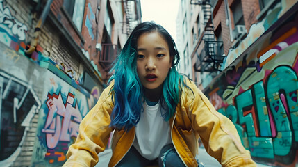 Poster - Asian teenager with blue ombre hair skateboarding in graffiti-covered alley 