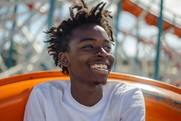 Poster - Smile of an Afro-Latino teenager riding a rollercoaster.