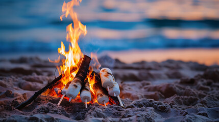 A warm, inviting beach bonfire with glowing orange flames and white marshmallows, perfect for a summer night. 
