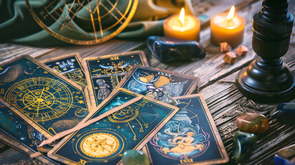 Mystical tarot cards with gold and blue details, candles and crystals on a wooden table, perfect for fortune telling, divination, and spiritual concepts. 
