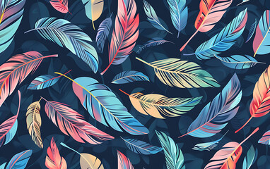 Vibrant blue and pink feathers on a dark background, a tropical pattern for summer designs. 
