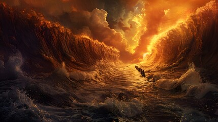 An epic depiction of Moses parting the Red Sea, the waters parting majestically to allow the Jews to cross, intense atmosphere, intricate details, rich colors, realistic textures,