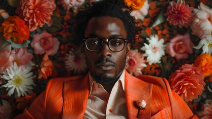 A man wearing glasses and an orange suit is laying on a bed of flowers