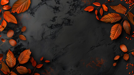 Wall Mural - Autumn background with leaves on textured stone wall. top view. Autumn banner template with space for text. View from above 