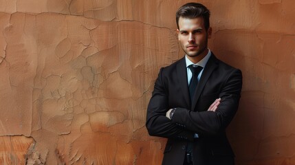 Poster - Confident Young Man in Black Suit Standing Against Textured Orange Wall