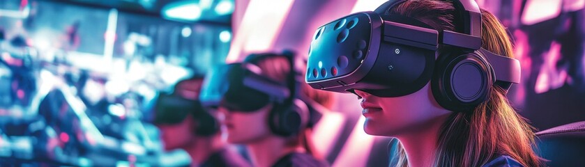 Aufkleber - A high-tech gaming setup with players using the latest VR headsets, controllers, and immersive digital environments, capturing the excitement and advancements in virtual reality technology