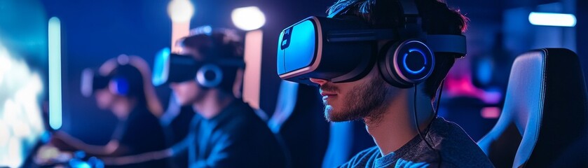 Aufkleber - A high-tech gaming setup with players using the latest VR headsets, controllers, and immersive digital environments, capturing the excitement and advancements in virtual reality technology