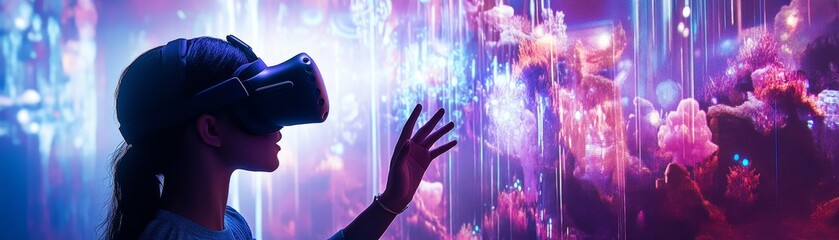 Aufkleber - An engaging virtual reality experience with users wearing VR headsets interacting with a vibrant, digital environment, demonstrating the immersive potential of augmented reality