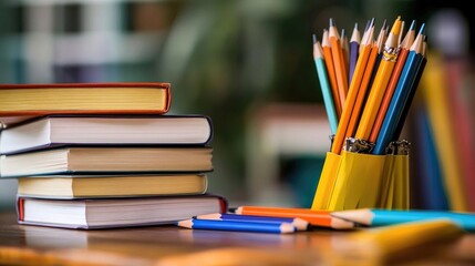 stack of books and pencil set, on wooden table