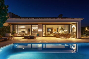 A large house with a pool and a patio. The pool is lit up at night, creating a warm and inviting atmosphere. The patio is furnished with chairs and tables