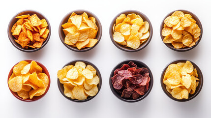 Various potato chips in different flavors arranged in bowls on a white background, seen from above.