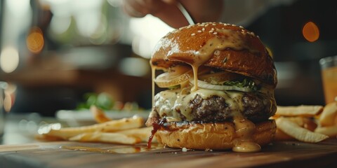 Sticker - Applying sauce to a cheeseburger bun in a restaurant with a spoon