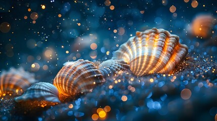 A close up of shells on a beach with a blue sky in the background