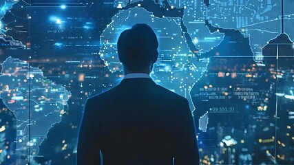 Businessman views computer images on a dark blue background, representing globe maps and interconnected networks.