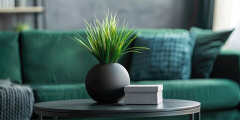 Poster - Close up of elegant black vase with plant and gray box on contemporary black side table near green sofa