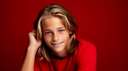 Portrait of a happy smiling blond, long haired confident teenage guy with perfect skin, red background, banner.