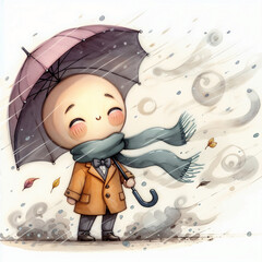 Sticker - Cute cartoon child with umbrella, wind, rain on white background. AI