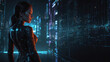 © White_Us - Futuristic neon night cyberpunk cyborg woman in city network digital lights