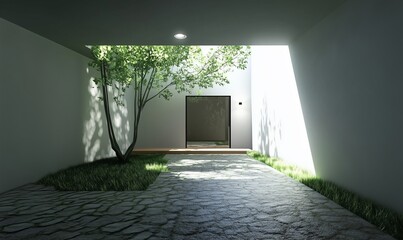 Un ingresso moderno con illuminazione calda e piante decorative, che crea un'atmosfera accogliente e raffinata.