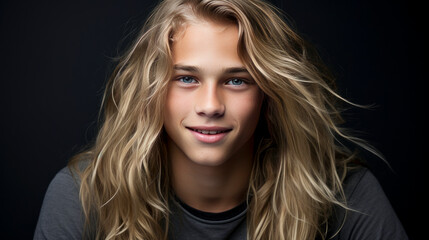 Portrait of a happy smiling blond, long haired confident teenage guy with perfect skin, gray background, banner.