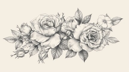 Canvas Print - Illustration of a bouquet of roses and leaves