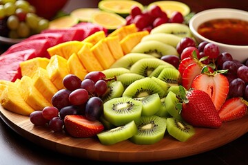 A plate of assorted fresh fruit slices, including strawberries, oranges, and kiwi, arranged in a colorful display.