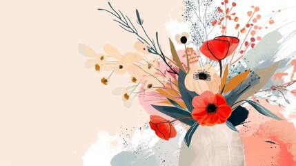 Wall Mural - Illustration of a vase filled with an eclectic mix of flowers