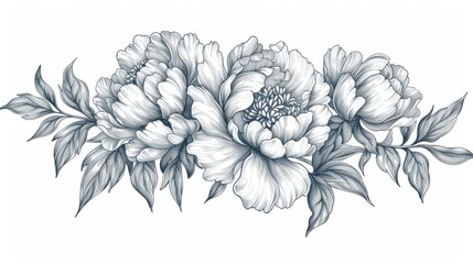 Wall Mural - Illustration of hand-drawn peonies with intricate petal and leaf designs