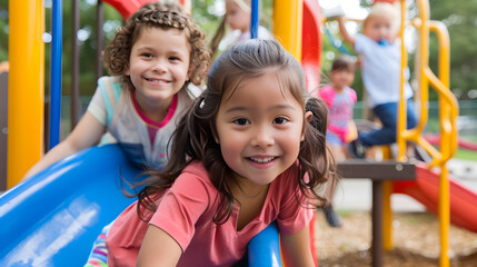 Vibrant playground scene with children playing joyfully on swings, slides, and monkey bars, in style.