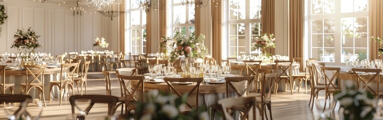 Elegant wedding reception with beautifully decorated tables and floral centerpieces in a sunlit room with large windows and wooden chairs.