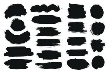 Aufkleber - Black ink stains mega set elements in flat graphic design. Bundle objects of rough brush stroke patterns and dirty paint blobs with grunge edges in different abstract forms. Vector illustration.