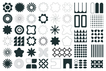Aufkleber - Brutalist geometric shapes mega set elements in flat graphic design. Bundle objects of simplicity symbols with flowers, suns, stars, circles, squares, grids, curves and other. Vector illustration.