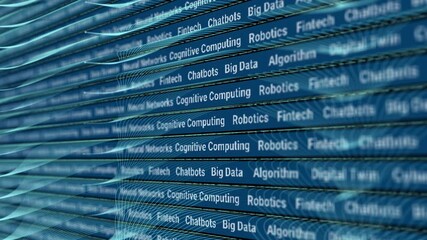 Artificial intelligence words (AI) and machine learning concepts. Abstract technology background deep learning. Computer chip technology.