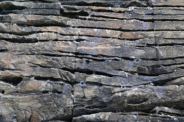 Wall Mural - Grey Granites at cliffs rocky coast with stone sediment texture surface background in Portugal beach coastline.