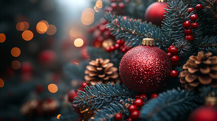 Wide panoramic Xmas décor background banner, gold and red color Christmas balls hanging on a Christmas tree