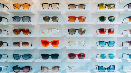 An eyewear exhibit consisting of shelves of fashionable eyewear displayed on a wall in an optical store.