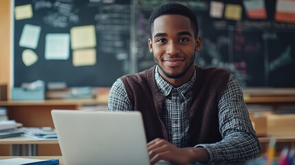 a young african american teacher sitting in a well-organized classroom, working diligently on a lapt