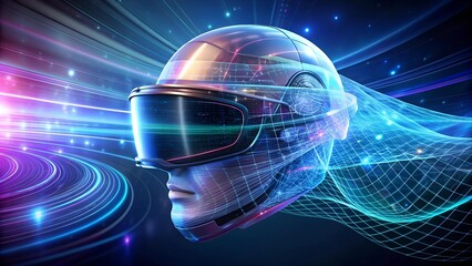 Wall Mural - digital symphony: a holographic augmented reality helmet immersed in a flowing data stream generativ