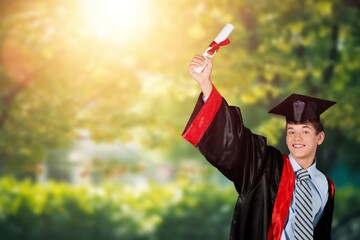 Wall Mural - Excited, university student graduation, studying on campus