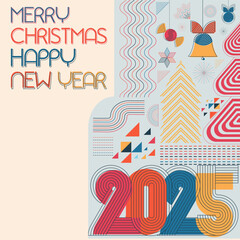 Wall Mural -  happy New Year Merry Christmas greeting poster card, simple flat organic line number 2025  banner, web, invite  template Layout, , contemporary mid century design	